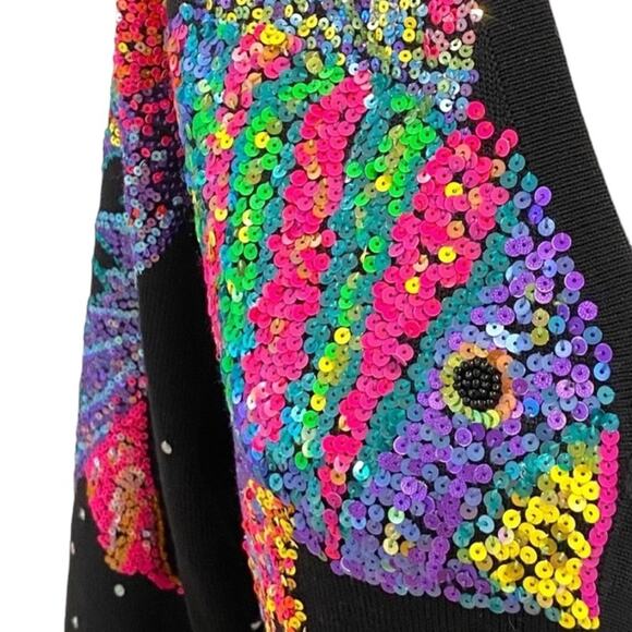 Michael Simon Vintage Small Sweater Black Cardigan Silk RARE Sequin Fish Y2K Art - Picture 1 of 16